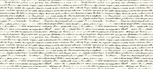 Obraz premium Seamless pattern Unreadable poetry text banner. Handwritten abstract text. Cursive english text written by a pen. Linear cursive lettering. Horizontal banner with latin or english illegible words.