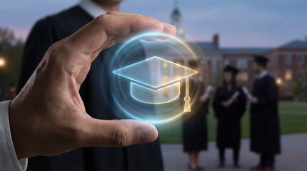 Hand holding glowing holographic graduation cap icon, futuristic education technology concept, virtual academic achievement symbol, blurred university campus background with graduates, smart learning.