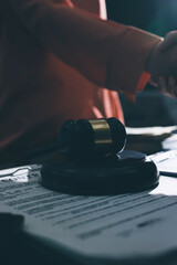 Consultation and conference of professional businesswoman and Male lawyers working and discussion having at law firm in office. Concepts of law, Judge gavel with scales of justice