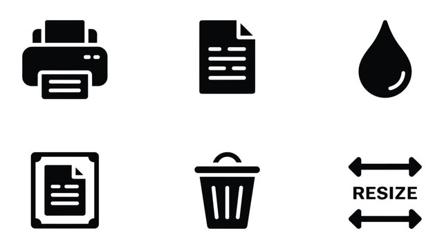 Set of six essential office and digital including printer document trash resize and paperclip symbols