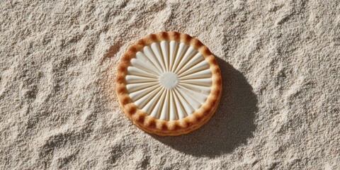 Nordic almond cookie with white icing on sand evokes Scandinavian minimalism, suitable for summer, travel, and culinary branding themes