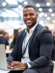 Black professional man attending a business conference or trade show, wearing a suit and id lanyard, networking and smiling while using his laptop for work