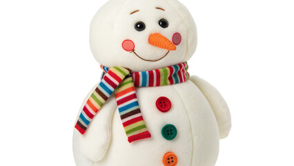 Adorable snowman plush toy with colorful scarf and buttons on tranparent background