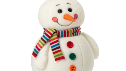 Adorable snowman plush toy with colorful scarf and buttons on tranparent background