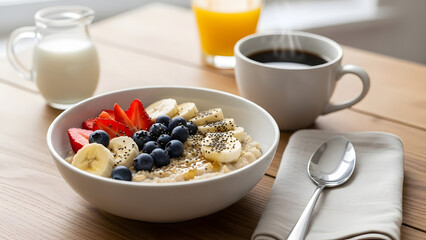 A delicious breakfast bowl of oatmeal with fresh fruit and coffee