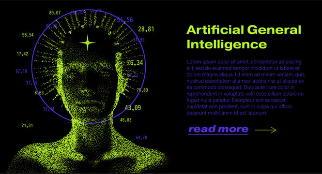 Glowing purple neural cloud of numbers and squares forming a face shape on black. Conceptual vector illustration for Artificial General Intelligence themes.