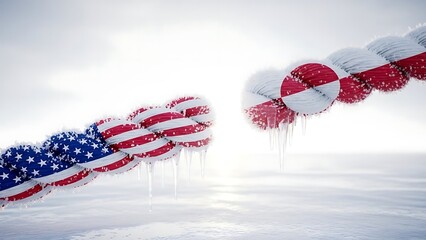 Inflatable beach balls with the American flag design floating in a snowy landscape on a cold day