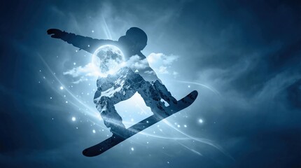 Double exposure of snowboarder jumping with mountain landscape and full moon inside silhouette. Magical blue background with sparkles creates dreamy winter sport atmosphere.