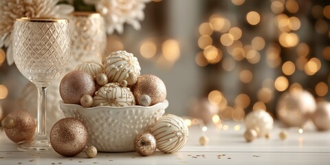 Sophisticated Christmas dining scene featuring white and gold decor, crystal glassware, and warm glowing lights for upscale holiday gatherings