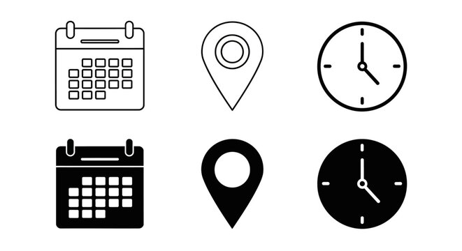 Modern vector icon collection for date, time, and location, featuring both outline and solid designs, ideal for scheduling, planning, and event applications