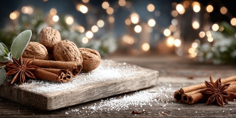 Rustic arrangement of walnuts, cinnamon, star anise, and salt evokes cozy holiday baking and festive culinary traditions
