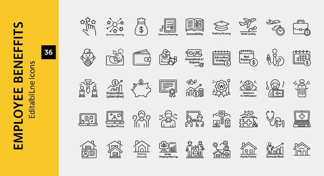 Modern outline icons showcasing a wide array of employee benefits, from financial incentives and health insurance to professional development opportunities
