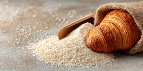 Rustic winter breakfast concept with croissant, flour, and wooden scoop on textured surface for holiday bakery or seasonal food marketing