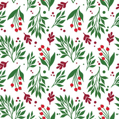 Festive Red Berries & Green Foliage Seamless Pattern &mdash; Elegant Vector Background