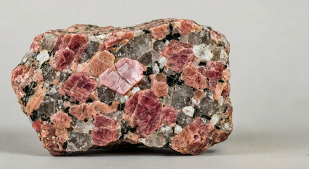 Coarse grained pink granite rock specimen with orthoclase feldspar matrix hosting quartz and mica mineral grains.