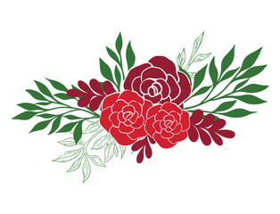 Hand-Drawn Red Roses with Green Leaves Arrangement