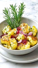 Roasted cauliflower florets with red cranberries and pickled onions in a white bowl with rosemary garnish.