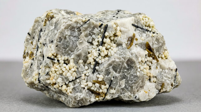 A collectible geological specimen of alkaline nepheline syenite rock specimen containing green apatite crystals and dark mafic minerals