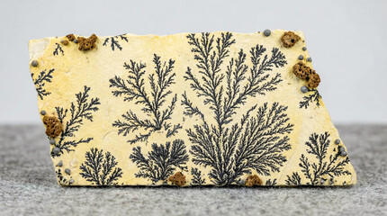 A collectible geological specimen black branch-like crystalline patterns of pyrolusite dendrites on a limestone plane