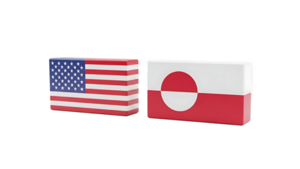 Two rectangular 3D objects representing the flags of the United States and North Korea placed side by side on transparent background