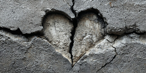 Broken heart shaped crack in aged concrete wall