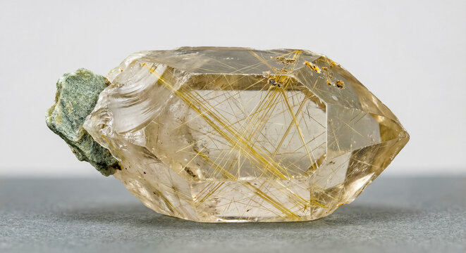 Transparent smoky quartz crystal containing needle-like golden rutile inclusions.
