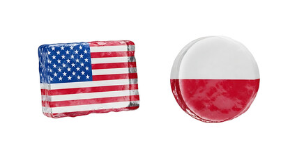 A 3D illustration featuring a rectangular American flag and a circular Polish flag on transparent background