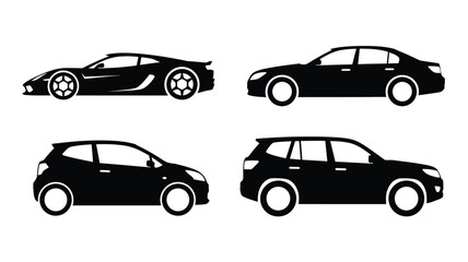 Four vehicle designs in black including a sports car on transparent background silhouette © MALA