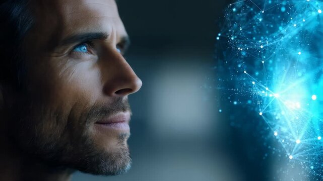 A close up of a serene man immersed in contemplation, facing a vibrant digital interface with neural network patterns. The scene conveys innovation, mindfulness, and human technology synergy