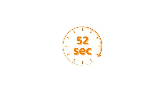 Clock icon 52 Second orange color animation 4k video. Stopwatch in beautiful 52 Second on white background.