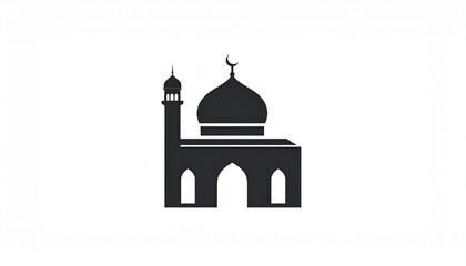 Naklejka premium Minimalist Islamic Mosque Silhouette with Crescent Moon and Dome Black and White Vector Illustration