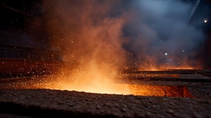 Intense sparks and glowing molten metal erupt from a furnace in an industrial setting