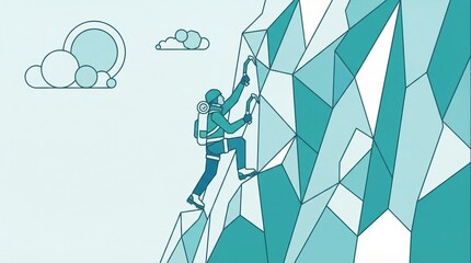 Stylized climber ascending steep geometric cliff using axes against sky. Represents overcoming challenges, ambition and success. Ideal for business motivation or adventure concepts.