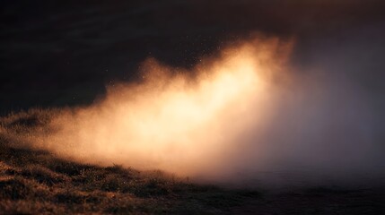 Golden sunbeams illuminate swirling dust particles and mist over a grassy field at dawn