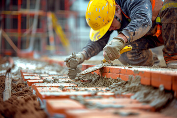 Construction worker laying red bricks with a trowel and mortar on a building site, close-up of hands at work, masonry and bricklaying concept.