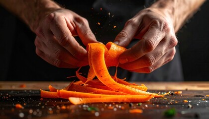 Chef Creating Modern Carrot Ribbons Dish for Upscale Restaurant Fine Dining Menu