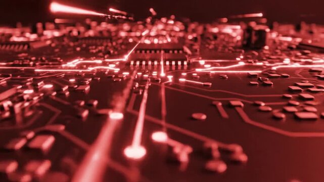 Abstract macro shot of electronic circuit board with illuminated pathways