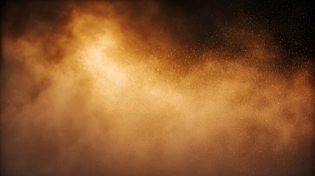 Swirling brown and orange dust particles illuminated by light creating a hazy atmospheric effect