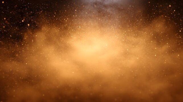 Abstract background with glowing golden dust particles swirling in luminous haze