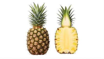 A whole pineapple and a sliced pineapple on transparent background