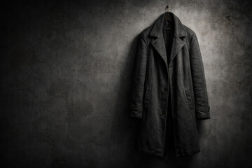 A dark coat on a hook against a concrete wall. Space for text.