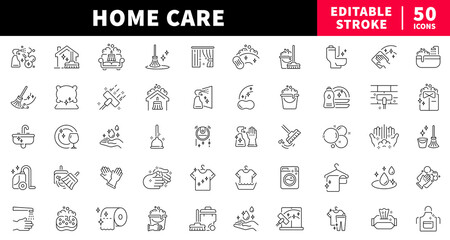 Home care editable line icons set: cleaning and maintenance symbols