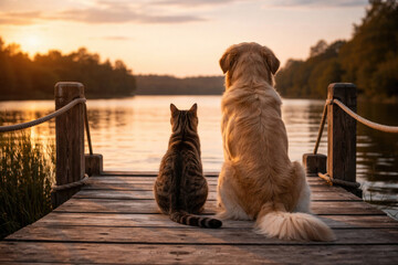 A cat and a dog are sitting on a pier by a lake at sunset.