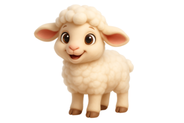 Adorable Cute Fluffy Lamb Cartoon with Big Eyes and Happy Smile Isolated on white background