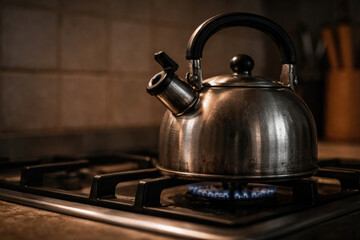 Metal kettle on the gas stove in the kitchen. Space for text.