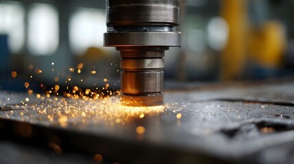 A close up of a metal cutting hine generating bright orange sparks during industrial manufacturing