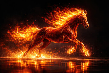 A fiery horse running on a surface with bright flames.