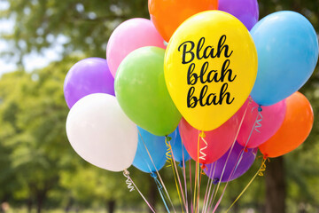 Bright balloons on holiday, one with the inscription blah blah blah.