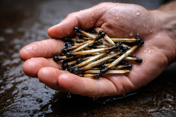 Wet burnt matches lie in an open human palm.