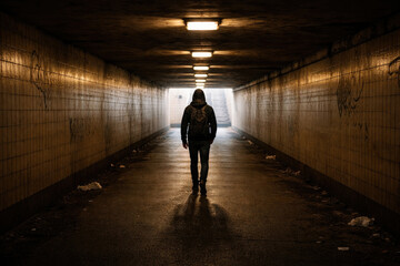 A lone man in a hood walks through a dark underground tunnel.